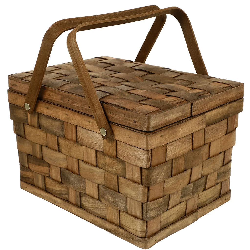 Coffee brown handwoven wooden picnic basket with a protective lid for outdoor dining and home decor — view 5
