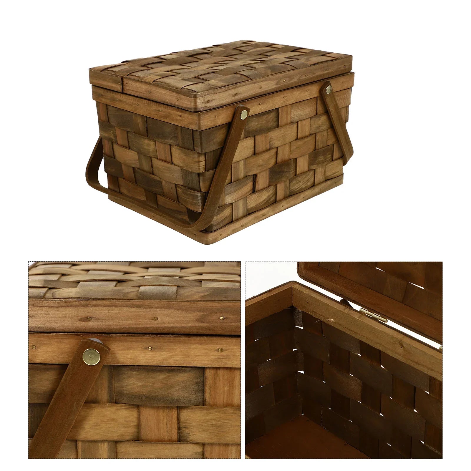 Coffee brown handwoven wooden picnic basket with a protective lid for outdoor dining and home decor — view 2