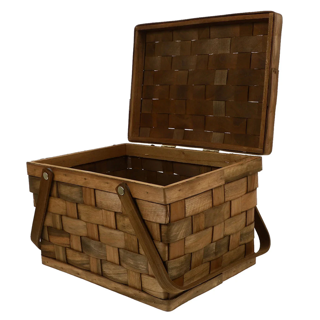 Coffee brown handwoven wooden picnic basket with a protective lid for outdoor dining and home decor — view 3