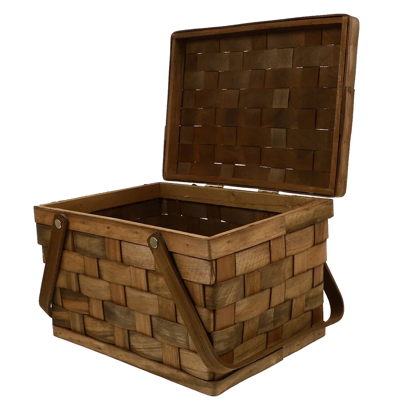 Coffee brown handwoven wooden picnic basket with a protective lid for outdoor dining and home decor — view 3