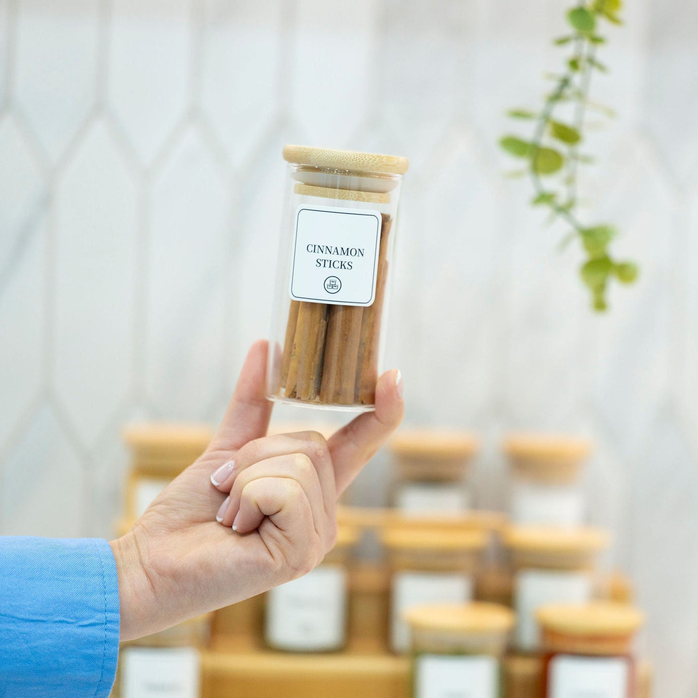 Clear 160ml glass spice jar with natural bamboo lid and airtight silicone seal for pantry organisation — view 2