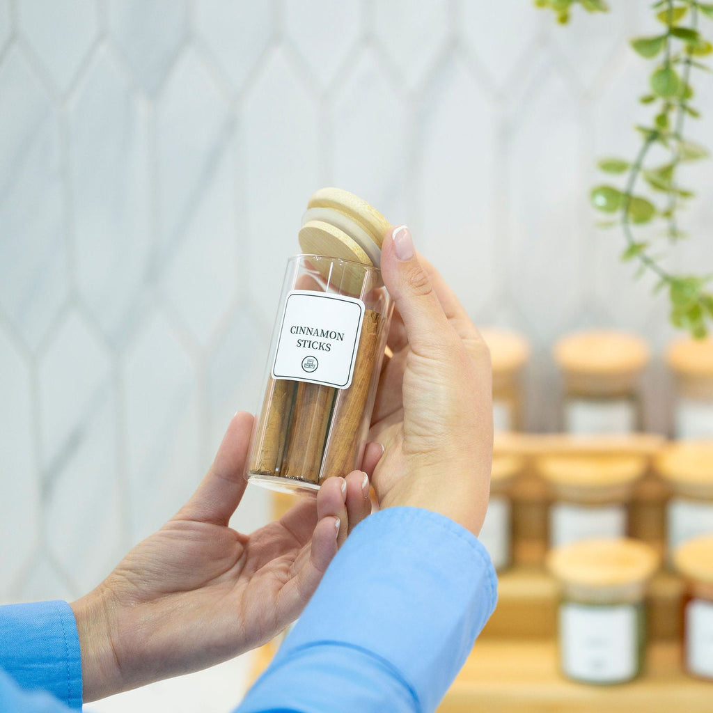 Clear 160ml glass spice jar with natural bamboo lid and airtight silicone seal for pantry organisation