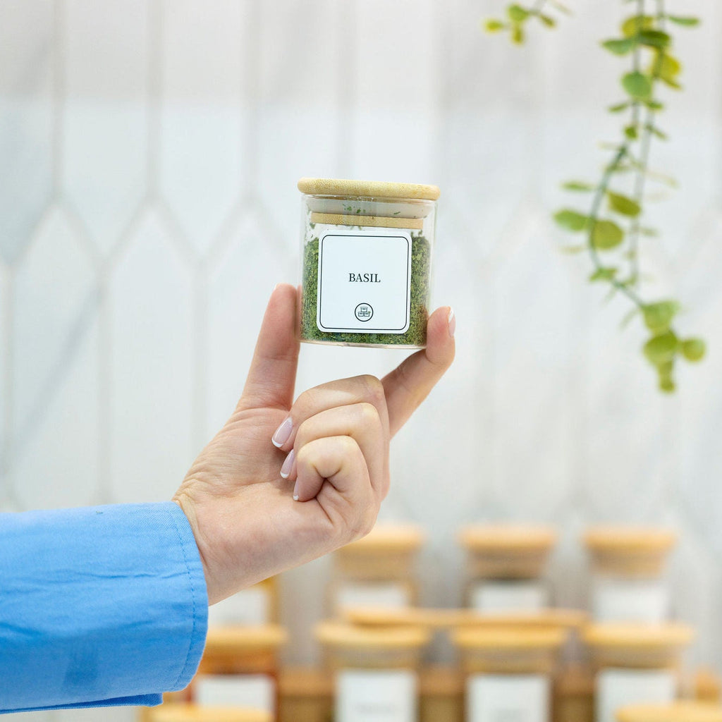 Clear 120ml glass spice jar with an airtight natural bamboo lid for kitchen pantry storage — view 2
