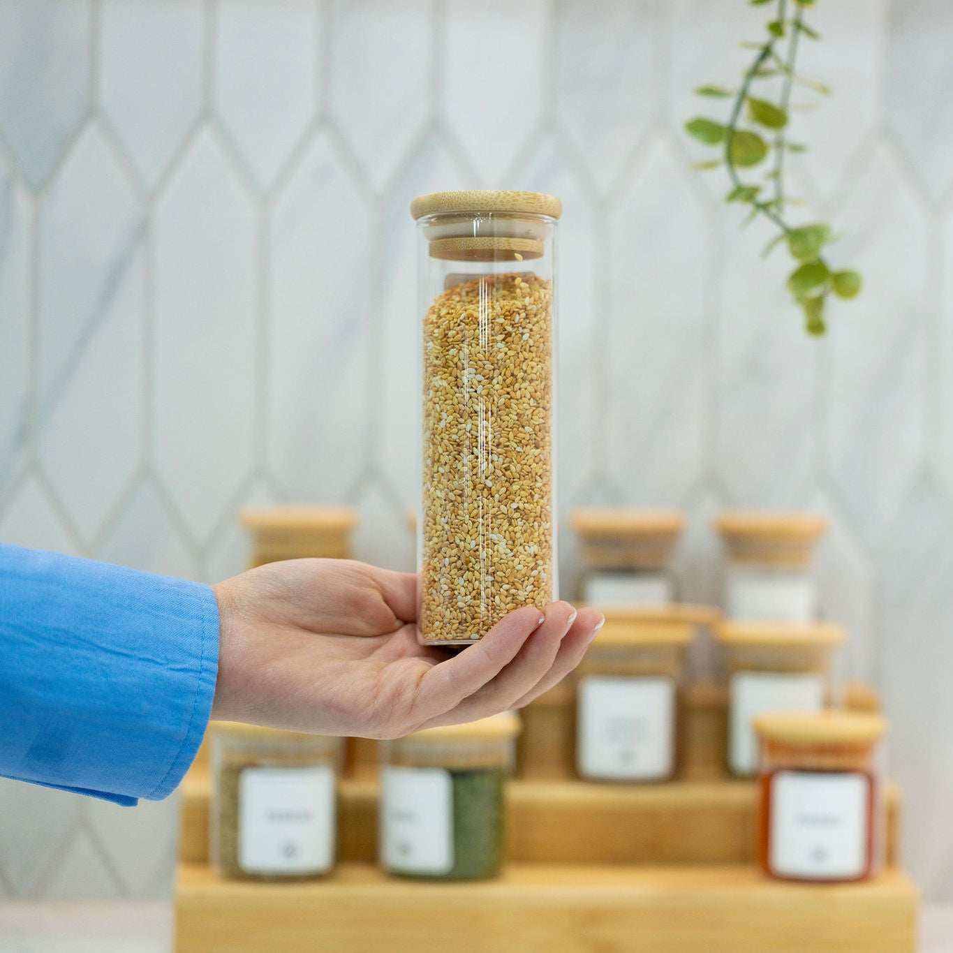Clear 250ml glass spice jar with a natural bamboo lid and airtight silicone seal