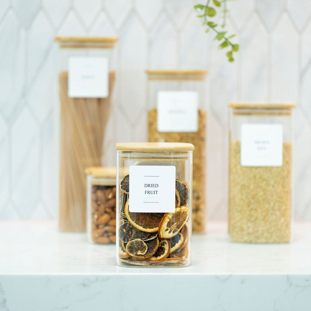 Clear 1100ml square glass jar with an airtight natural bamboo lid for pantry storage — view 3