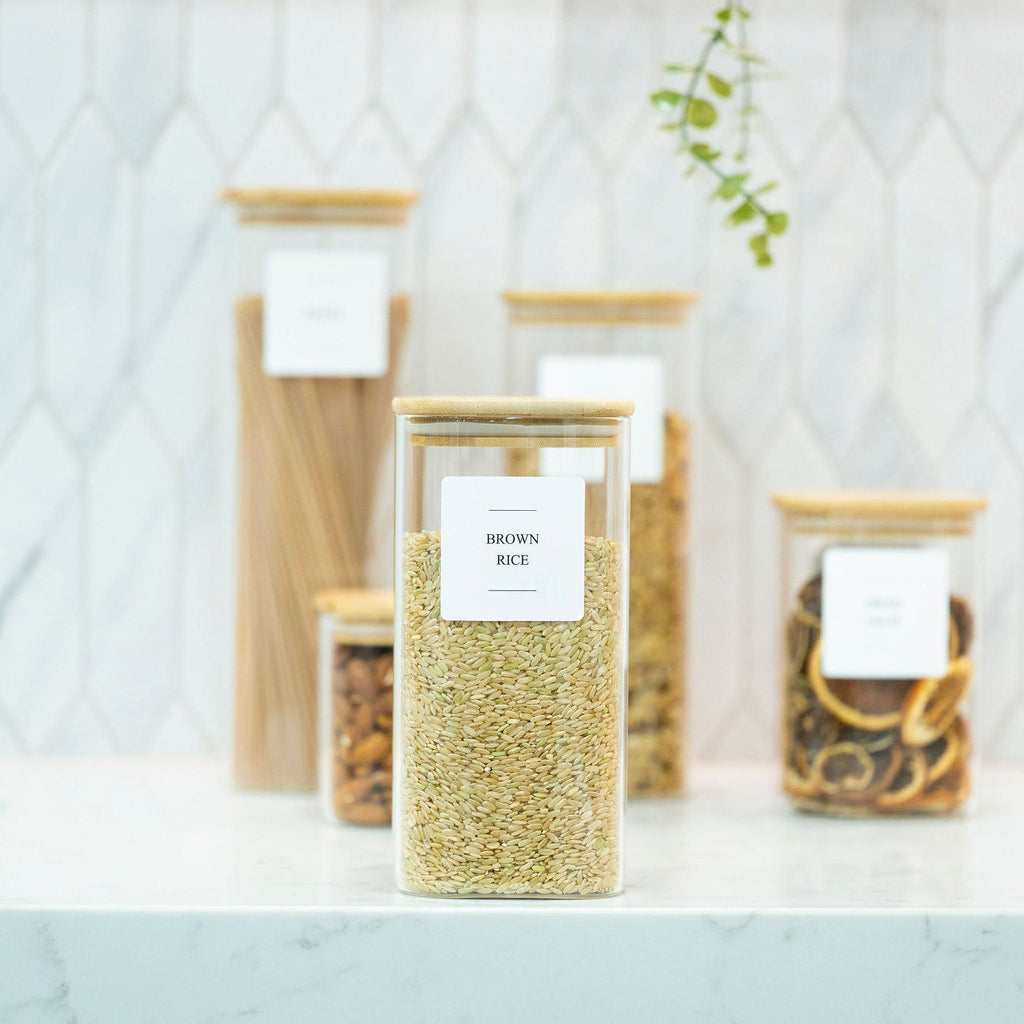 Clear square borosilicate glass 1250ml storage jar with a natural airtight bamboo lid.