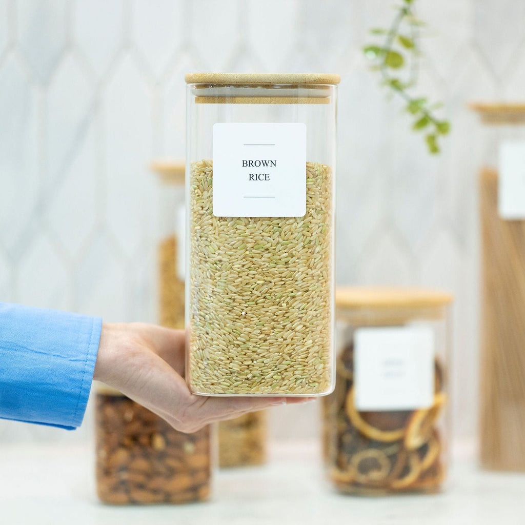 Clear square borosilicate glass 1250ml storage jar with a natural airtight bamboo lid. — view 4