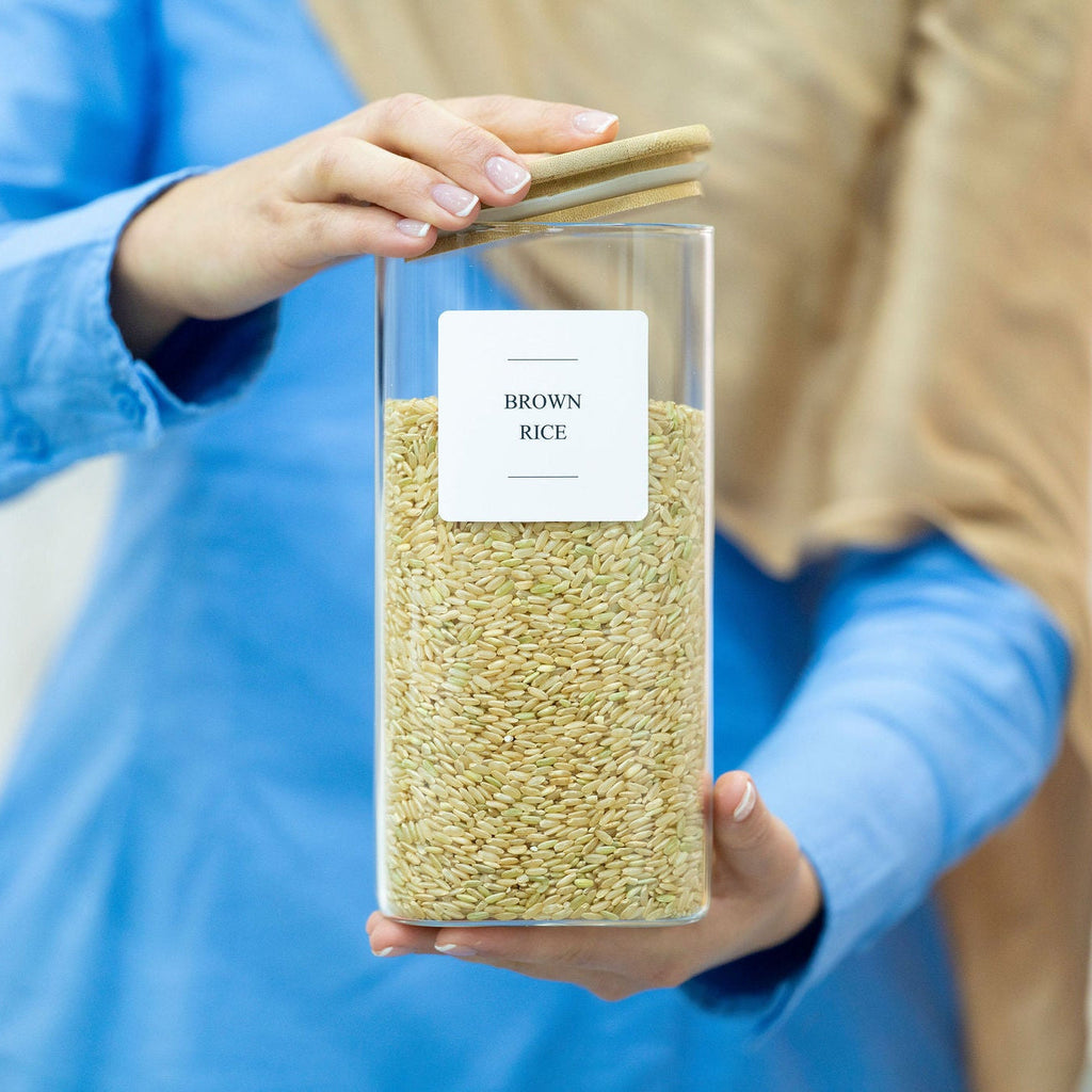 Clear square borosilicate glass 1250ml storage jar with a natural airtight bamboo lid. — view 2