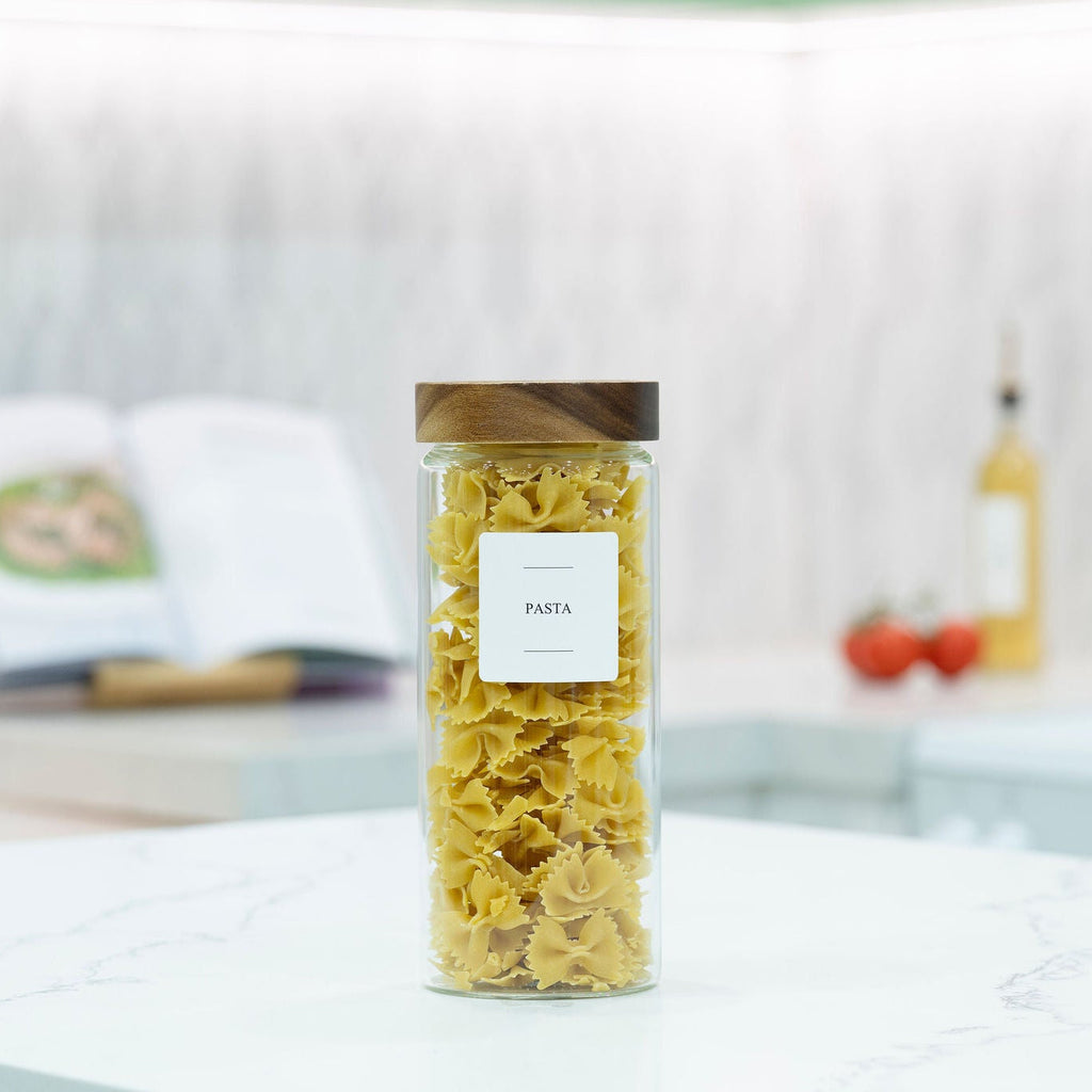 Clear 1750ml borosilicate glass pantry storage jar with a natural acacia wood screw-on lid — view 2