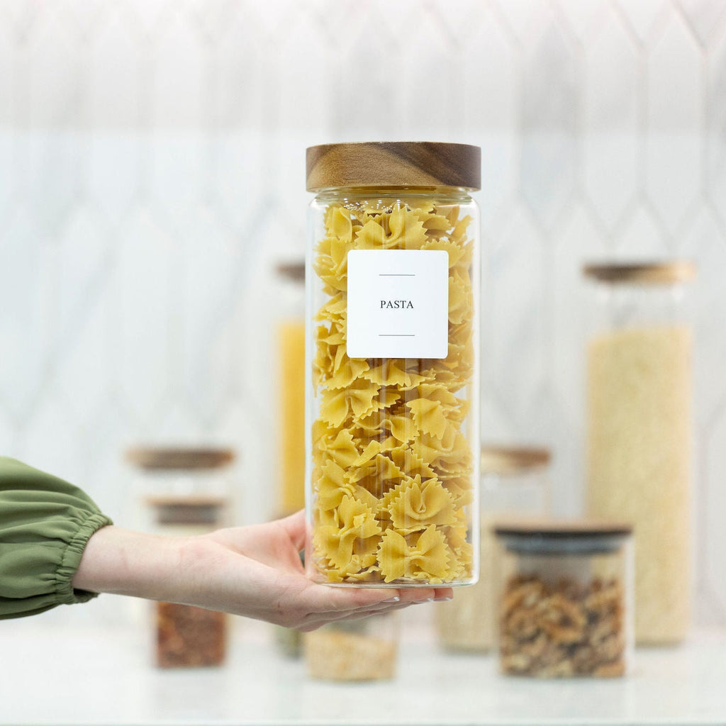 Clear borosilicate glass storage jar with threaded acacia wood screw-on lid for pantry organization — view 2