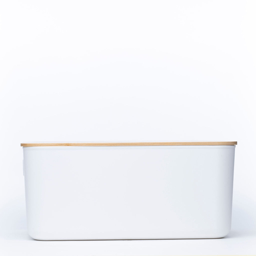 Plastic and bamboo storage container in off-white with natural wood lid and side handles — view 5