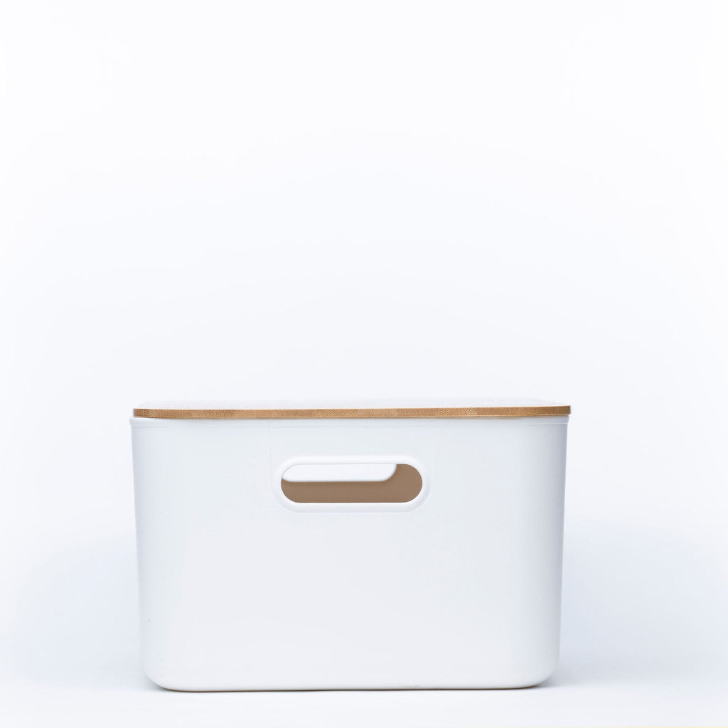 Plastic and bamboo storage container in off-white with natural wood lid and side handles — view 4