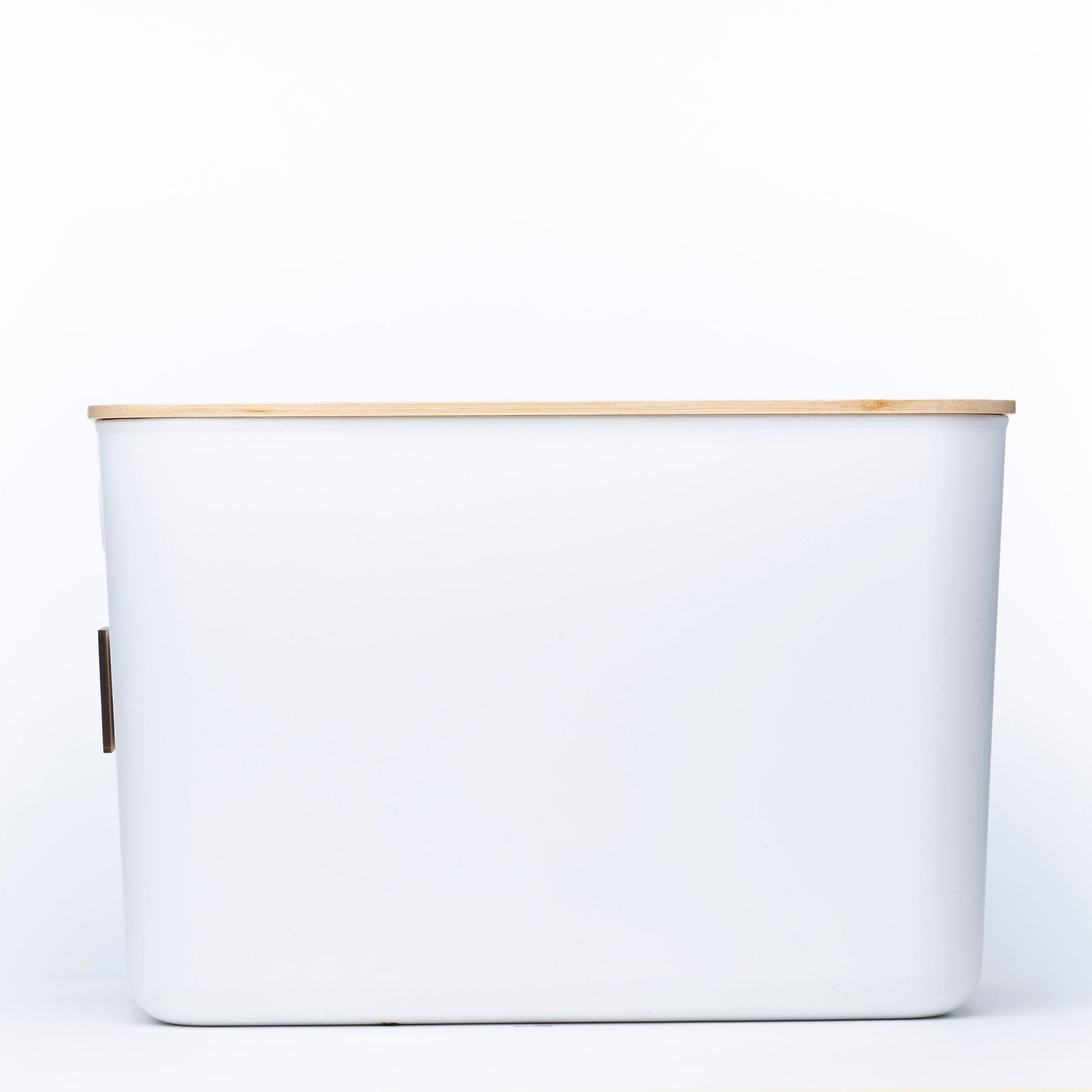 Plastic and bamboo storage container in off-white with natural wood lid and side handles — view 3