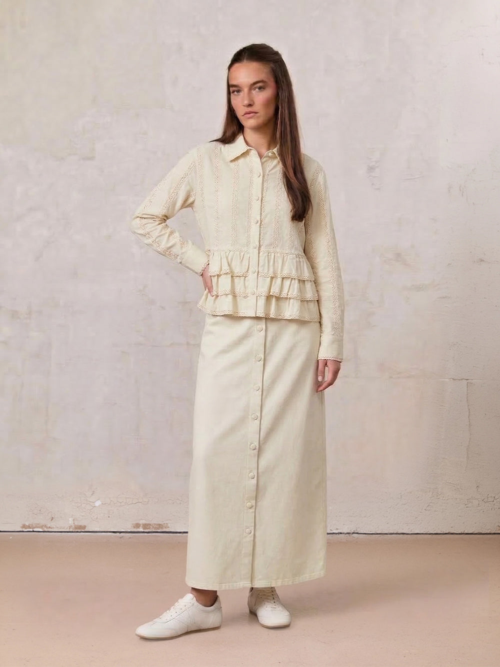 Straight Button Down Maxi Skirt-Cream 27 inch-0