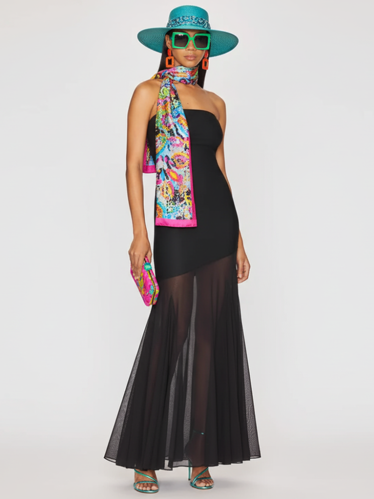 Womens strapless bodycon mesh mini dress with avant-garde splicing and contrast stitching details — view 2