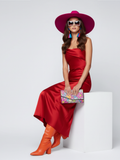 Strapless satin long dress with A-line silhouette, leg slit, and elegant pleating for women
