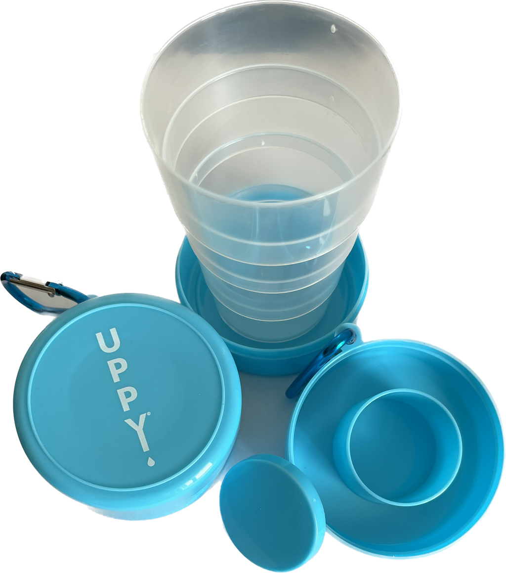 Collapsible travel cup with built in tablet holder carabiner clip and four tier expandable design — view 5