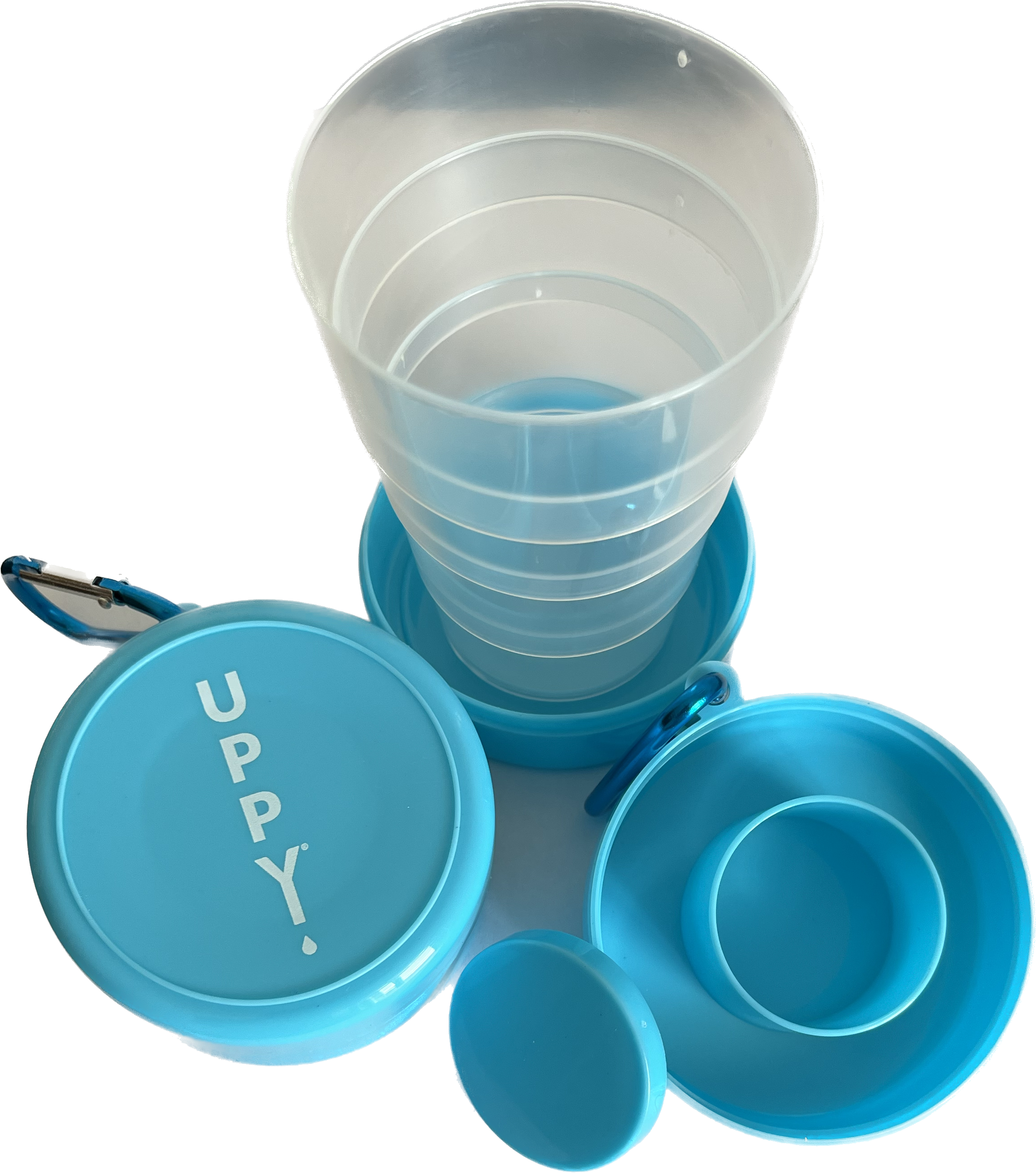 Collapsible travel cup with built in tablet holder carabiner clip and four tier expandable design — view 5