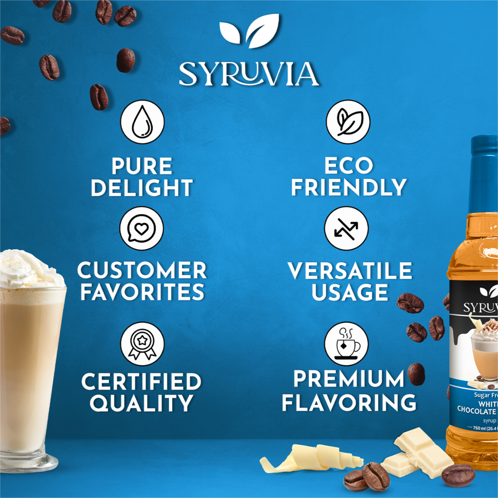 Sugar-free white chocolate mocha coffee syrup bottle by Syruvia for lattes and shakes — view 5
