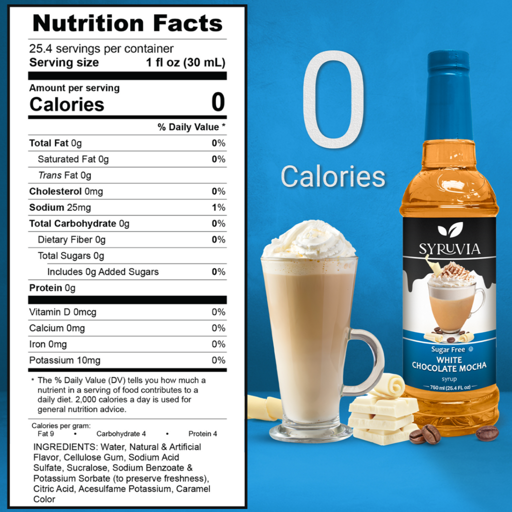 Sugar-free white chocolate mocha coffee syrup bottle by Syruvia for lattes and shakes — view 3