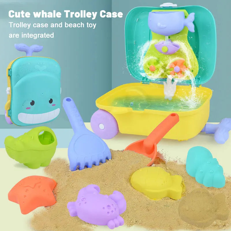Kids beach sand play kit with whale themed rolling luggage, bucket, shovel, and sea creature molds — view 2
