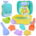 Kids beach sand play kit with whale themed rolling luggage, bucket, shovel, and sea creature molds