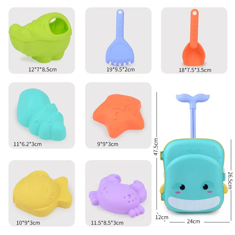 Kids beach sand play kit with whale themed rolling luggage, bucket, shovel, and sea creature molds — view 4