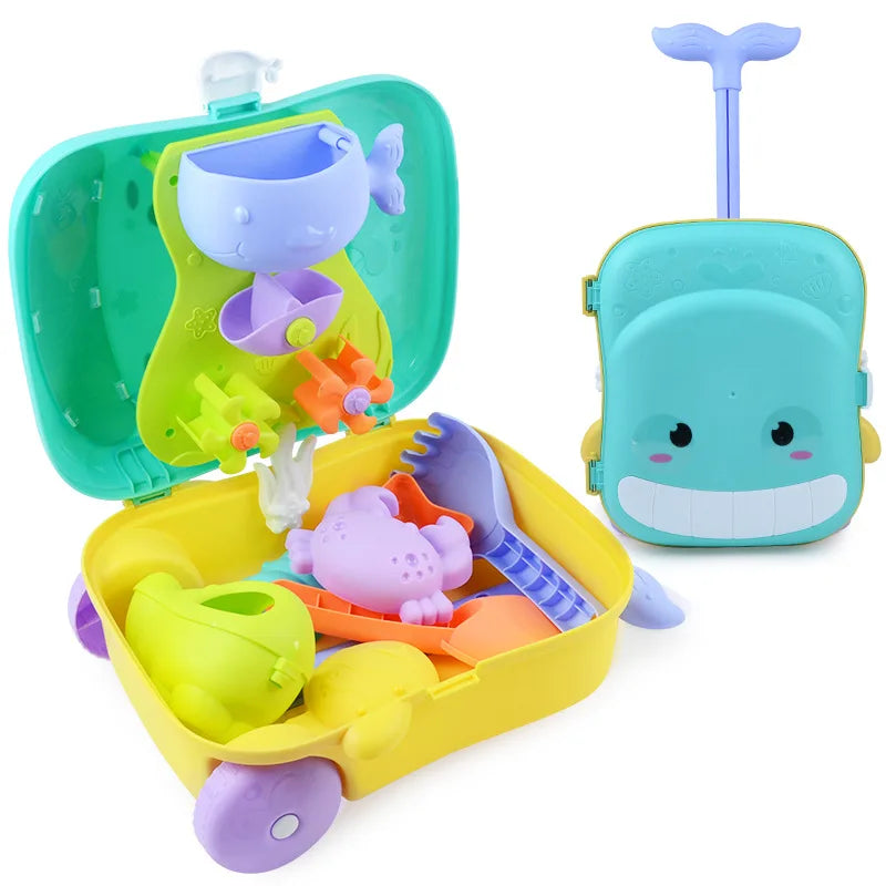Kids beach sand play kit with whale themed rolling luggage, bucket, shovel, and sea creature molds — view 5