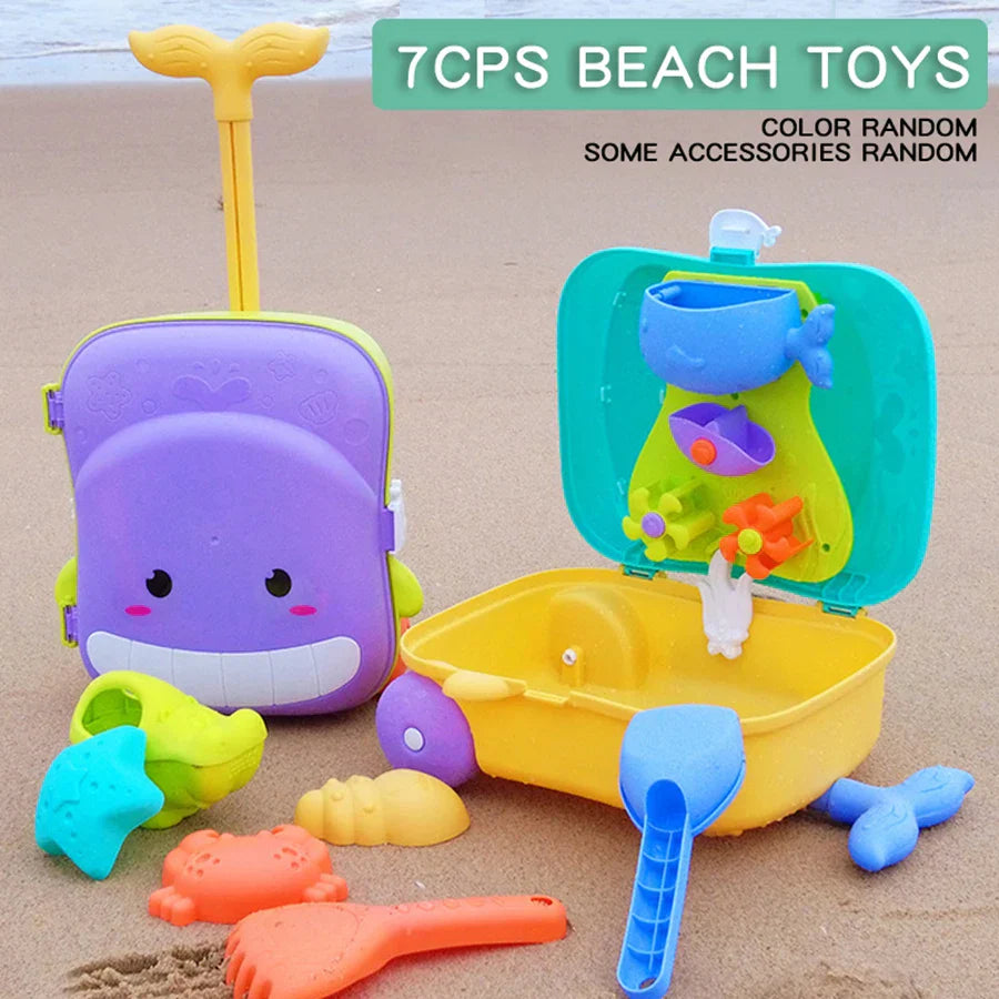 Kids beach sand play kit with whale themed rolling luggage, bucket, shovel, and sea creature molds — view 3