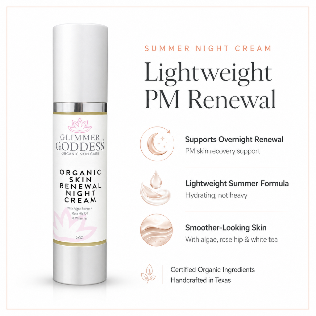 Organic skin renewal night cream in a 2 oz jar, lightweight vegan anti-aging face moisturizer
