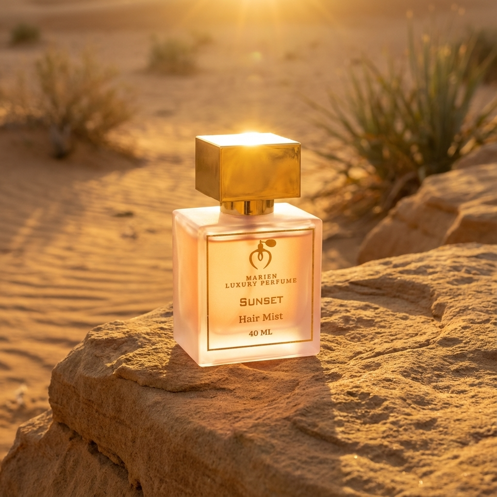 Marien Sunset luxury hair mist 50ml glass bottle featuring elegant vanilla and musk fragrance profile — view 4