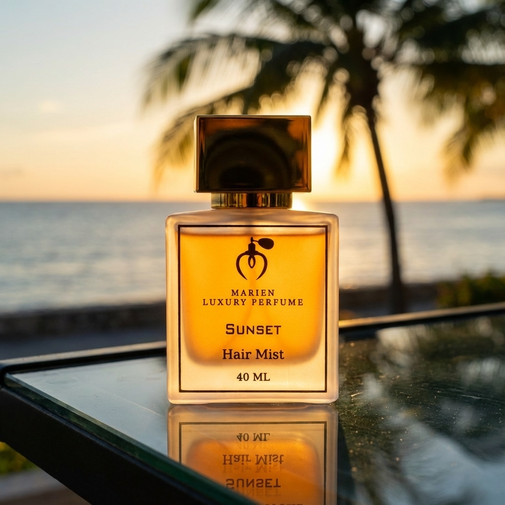 Marien Sunset luxury hair mist 50ml glass bottle featuring elegant vanilla and musk fragrance profile — view 2