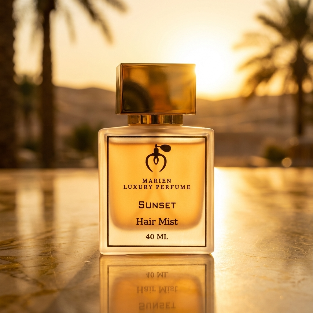 Marien Sunset luxury hair mist 50ml glass bottle featuring elegant vanilla and musk fragrance profile — view 3