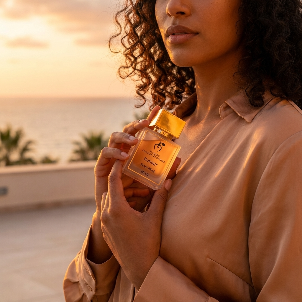Marien Sunset luxury hair mist 50ml glass bottle featuring elegant vanilla and musk fragrance profile — view 5