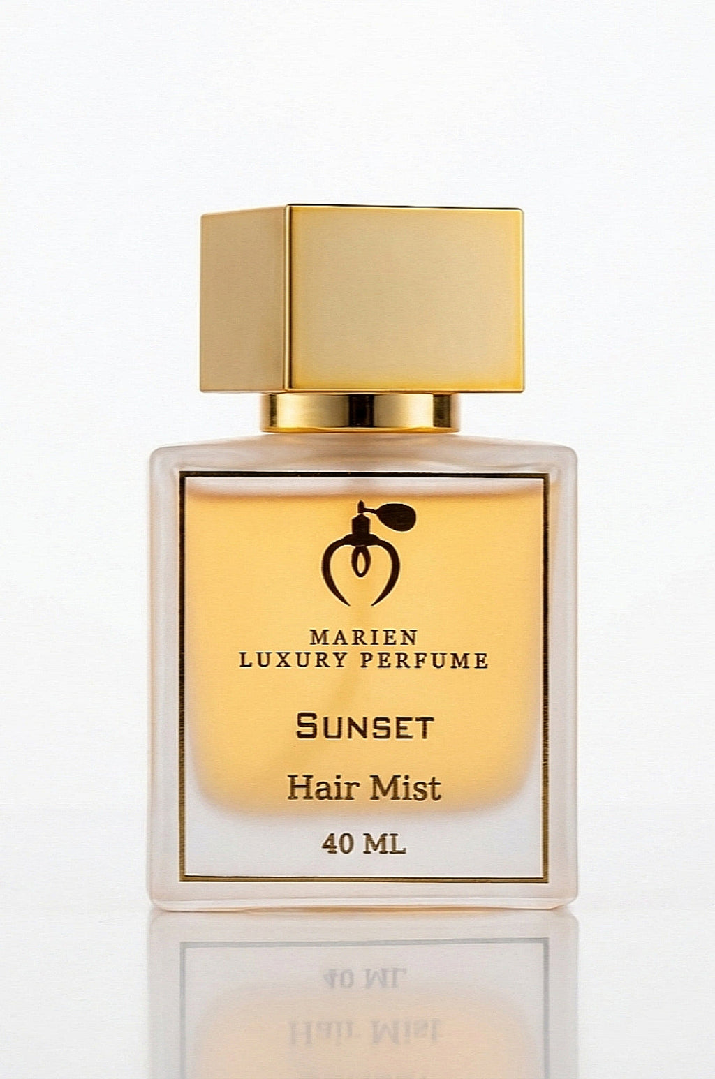 Marien Sunset luxury hair mist 50ml glass bottle featuring elegant vanilla and musk fragrance profile
