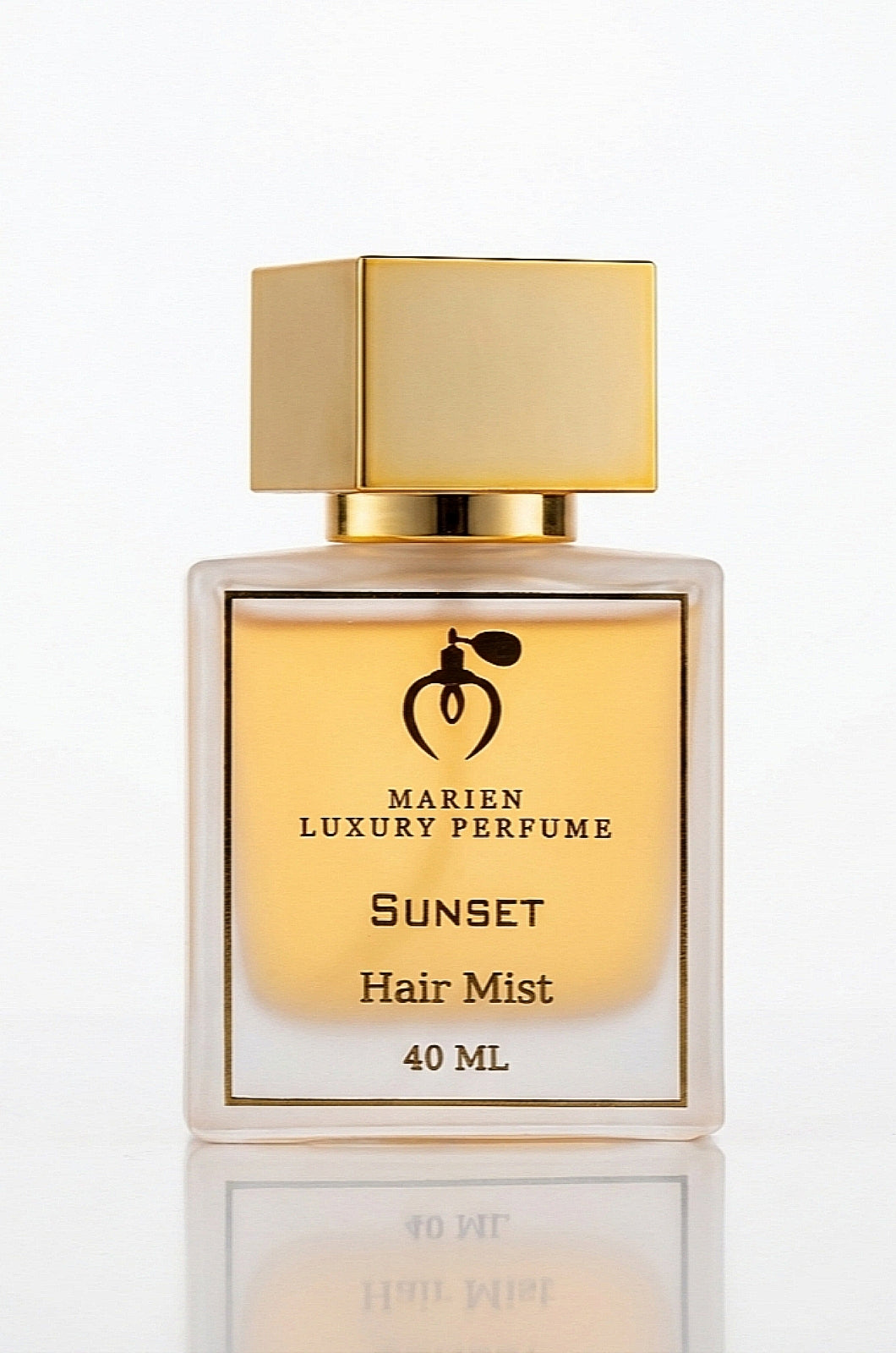 Marien Sunset luxury hair mist 50ml glass bottle featuring elegant vanilla and musk fragrance profile