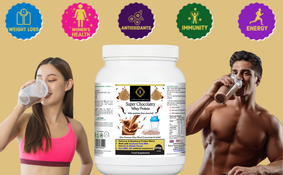 Tub of Super Chocolatey Whey Protein powder with nutritional label and branding on front — view 5