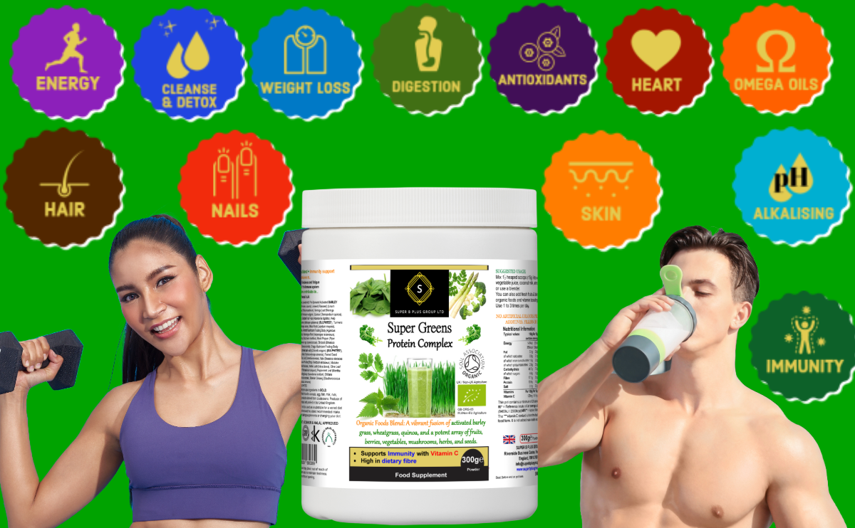 Container of organic Super Greens Protein Complex powder with fresh superfood ingredients. — view 5