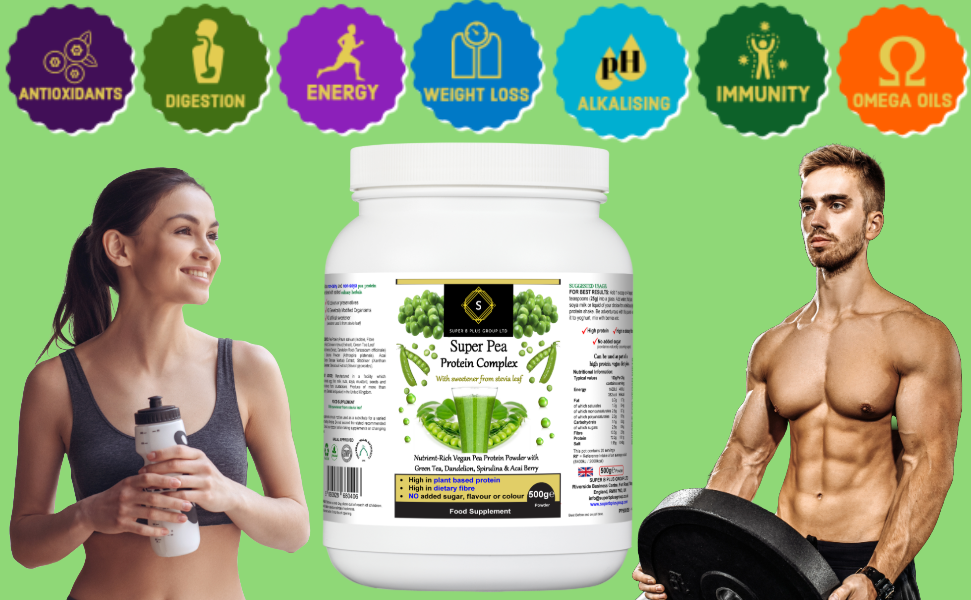 Tub of Super Pea Protein Complex plant-based dietary supplement powder by Super B Plus Group. — view 5