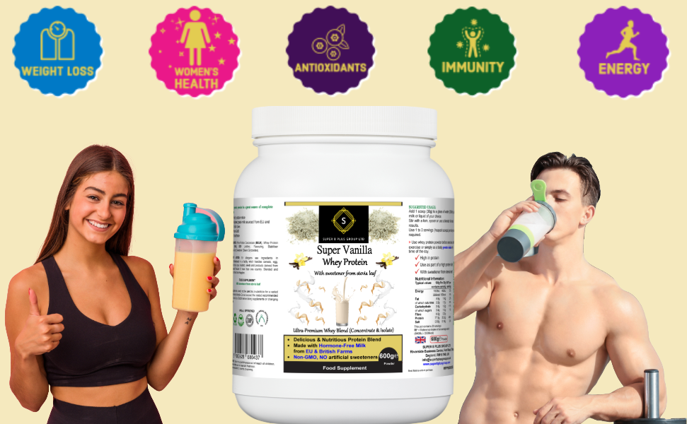 600g tub of Super Vanilla Whey Protein powder for muscle recovery and fitness nutrition — view 5
