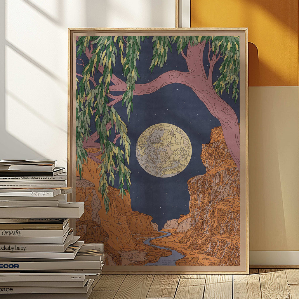 Sweet dreams art print featuring a serene mountain nightscape and full moon on fine art paper