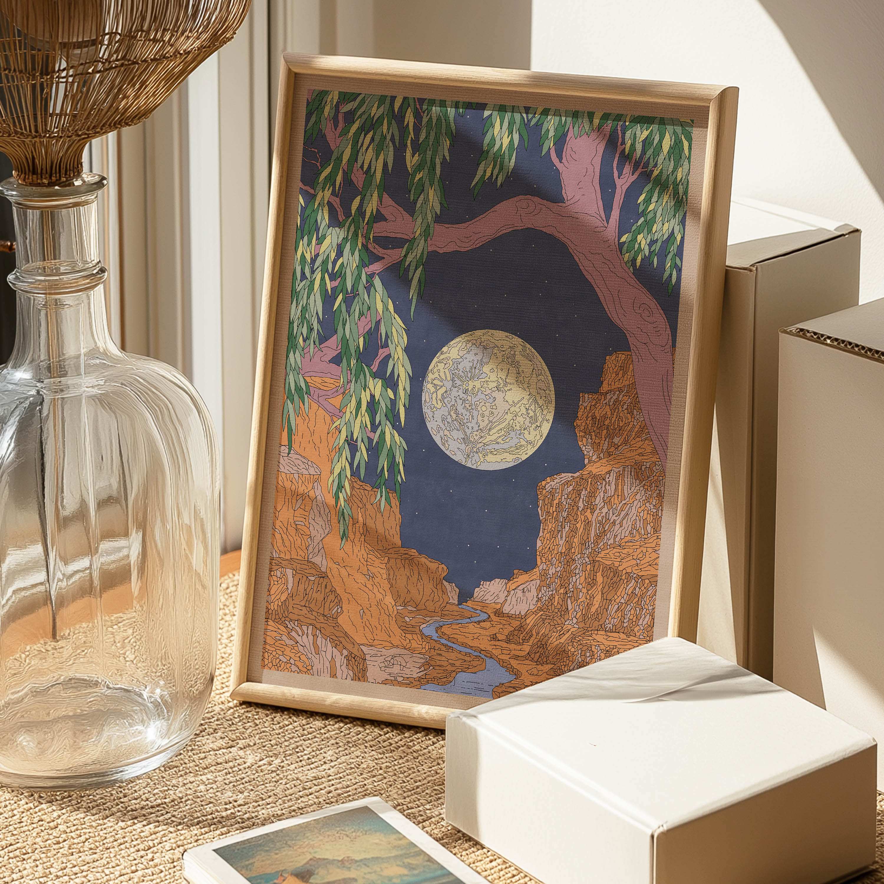 Sweet dreams art print featuring a serene mountain nightscape and full moon on fine art paper — view 2