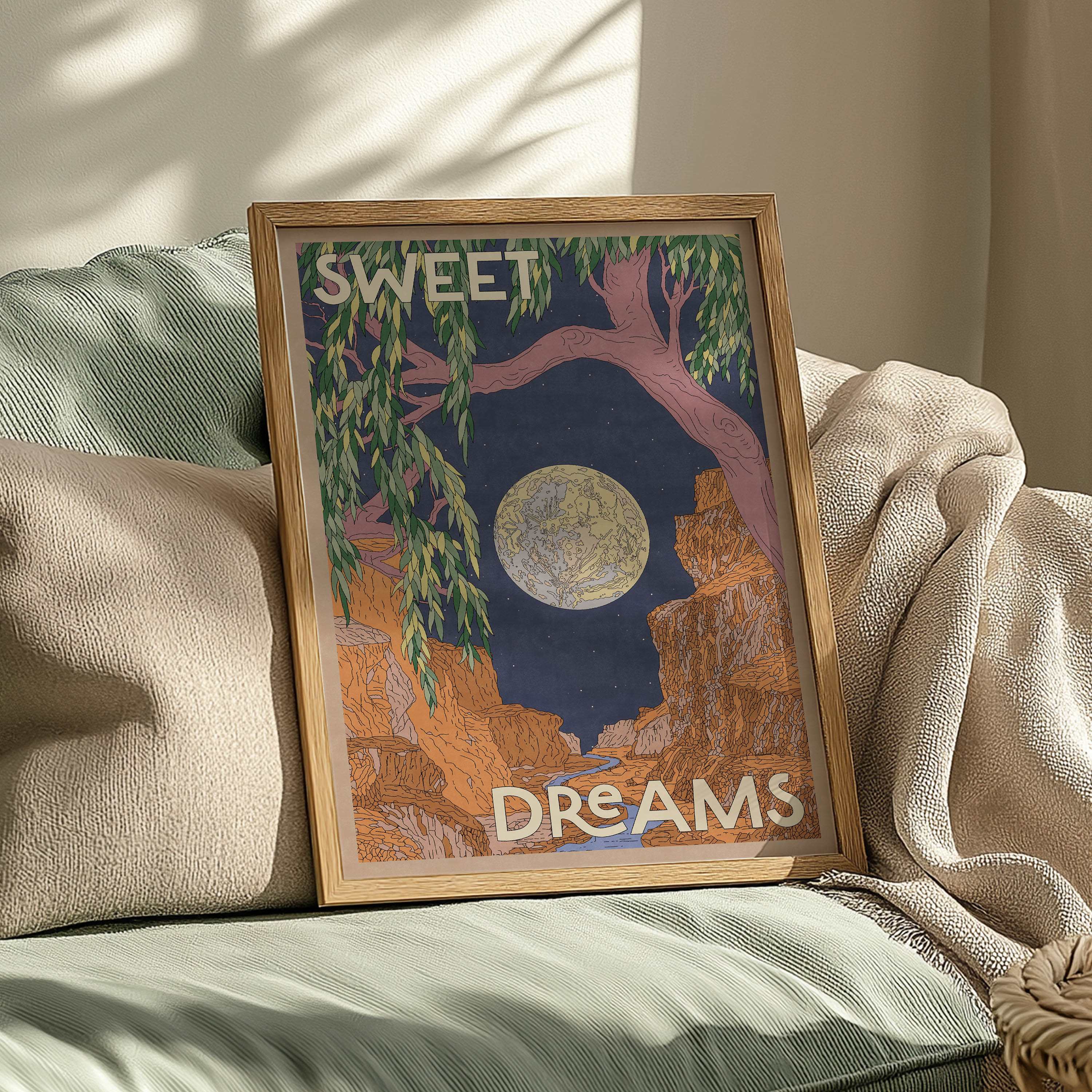Sweet dreams art print featuring a serene mountain nightscape and full moon on fine art paper — view 3