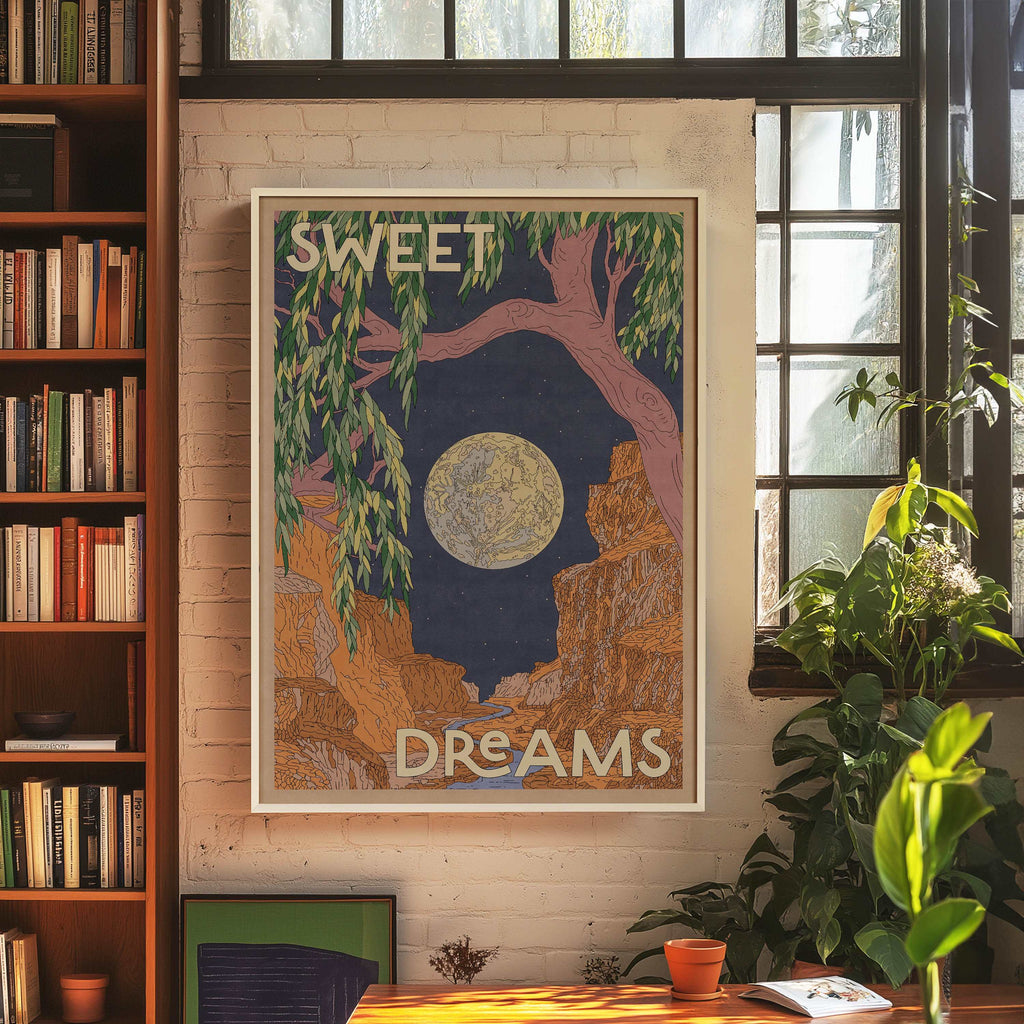 Sweet dreams art print featuring a serene mountain nightscape and full moon on fine art paper — view 4
