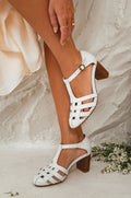 White genuine leather woven mid heel sandals with ankle strap and hand-cut wooden block heel