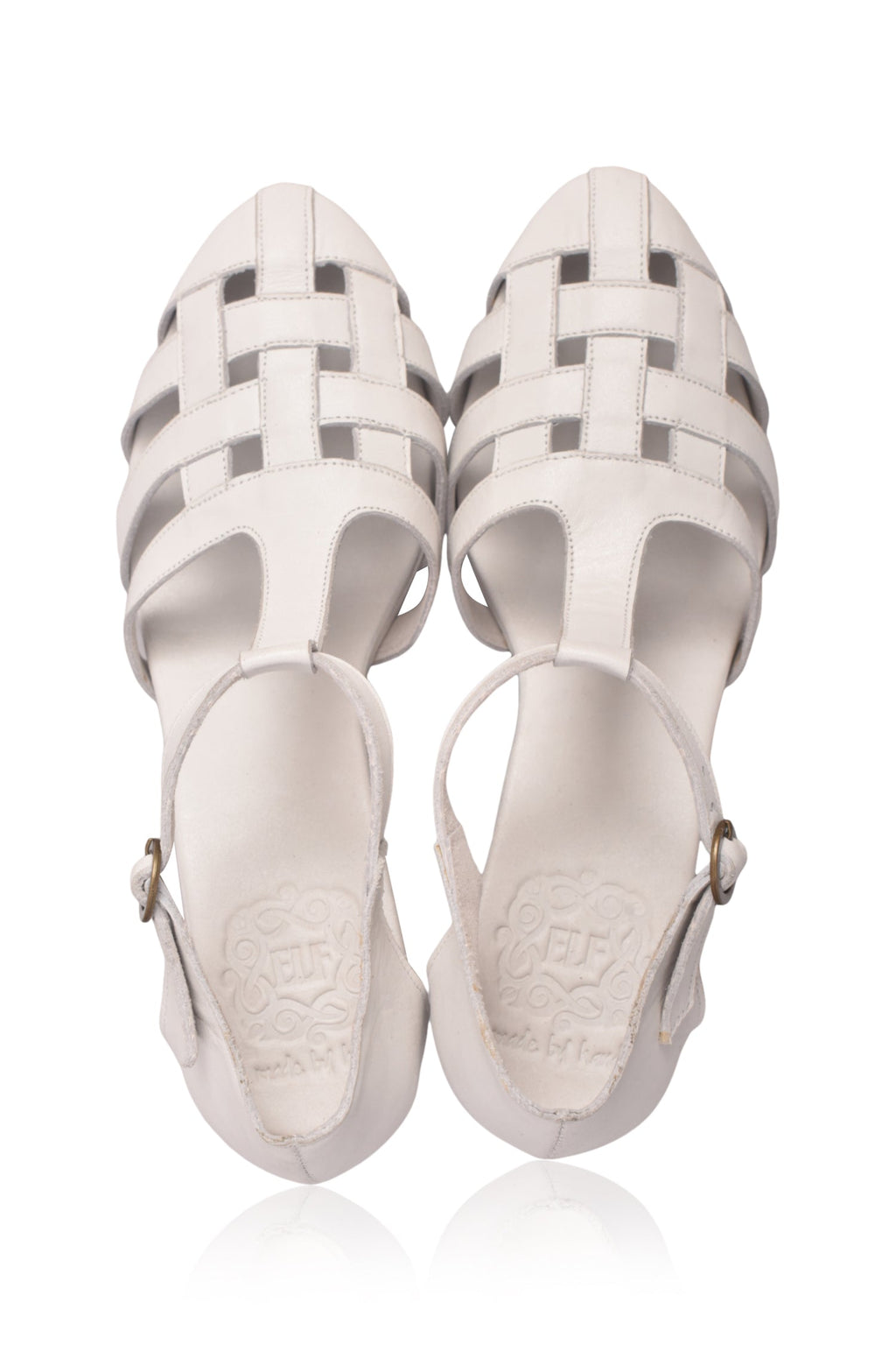 White genuine leather woven mid heel sandals with ankle strap and hand-cut wooden block heel — view 4