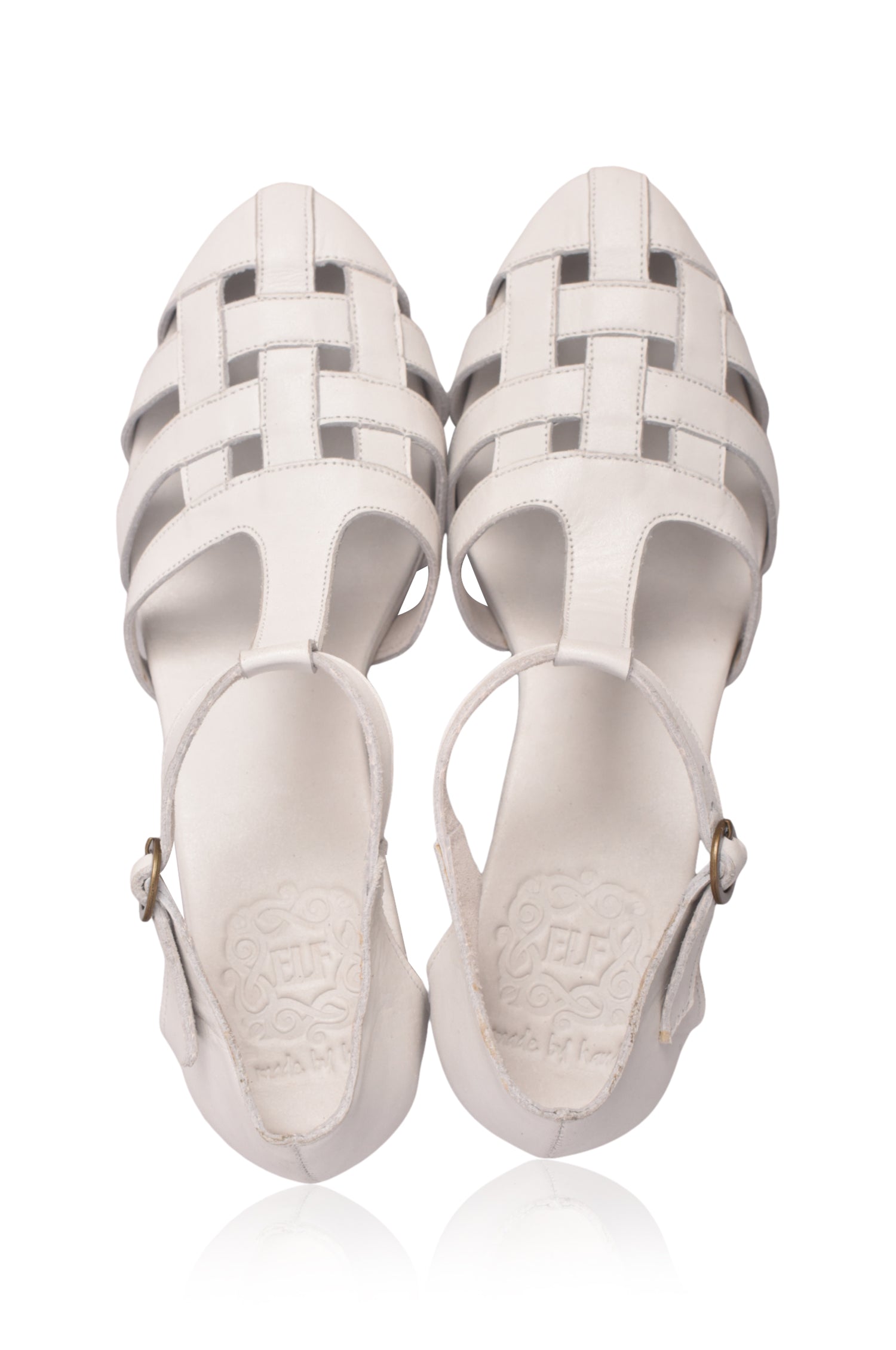 White genuine leather woven mid heel sandals with ankle strap and hand-cut wooden block heel — view 4