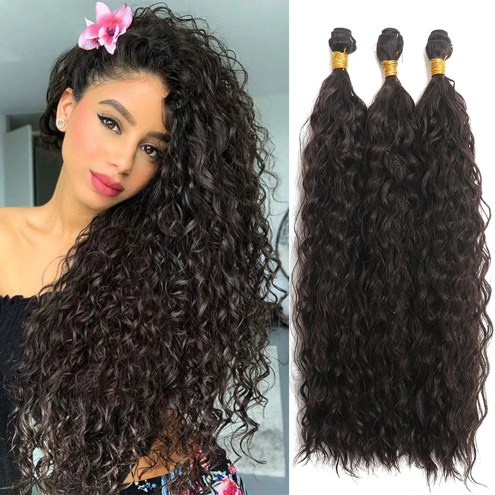 Long curly ombre synthetic hair extensions showing beautiful gradient colors and thick double weft construction