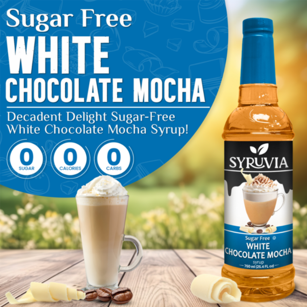 Sugar-free white chocolate mocha coffee syrup bottle by Syruvia for lattes and shakes — view 2