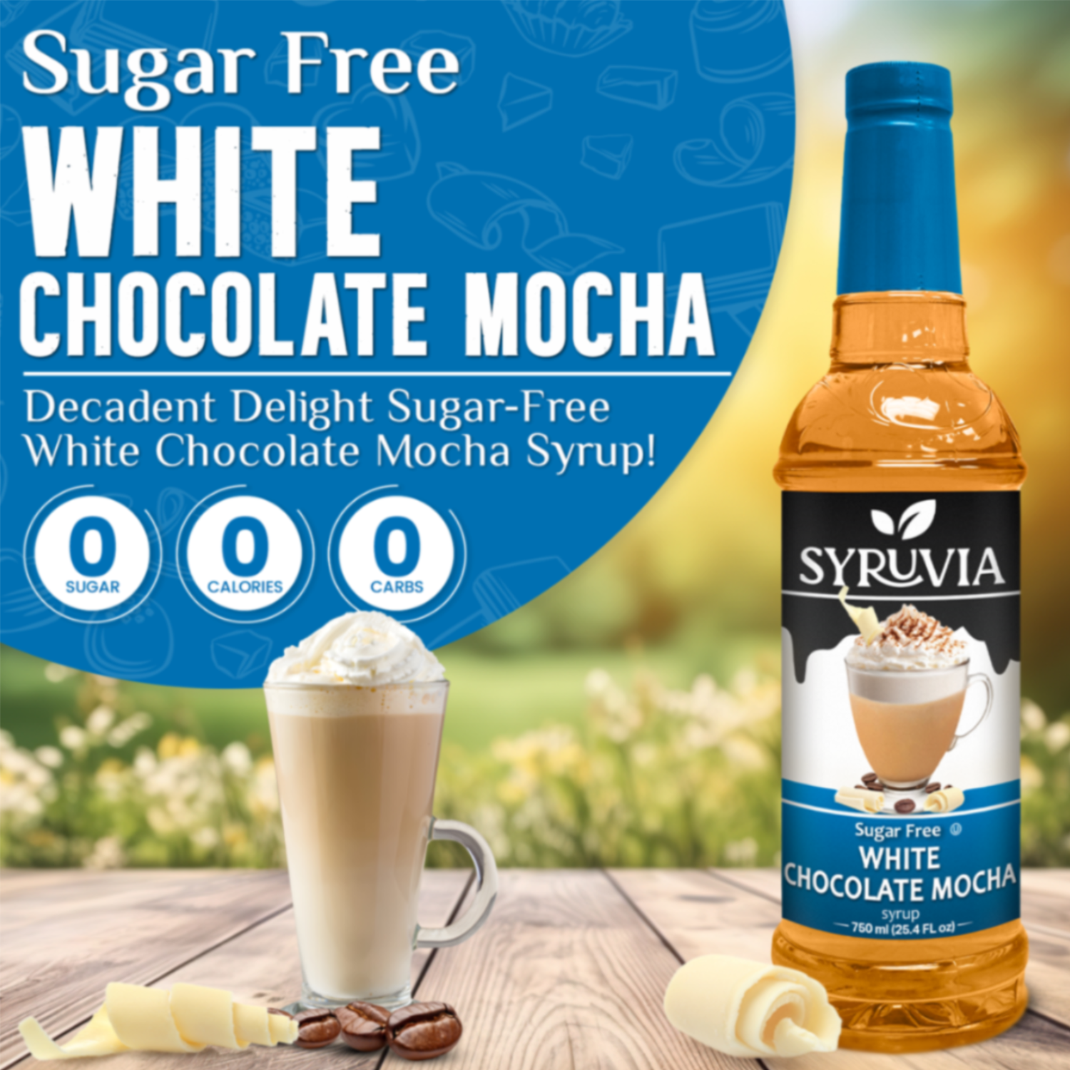Sugar-free white chocolate mocha coffee syrup bottle by Syruvia for lattes and shakes — view 2